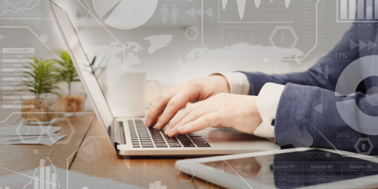 Digital marketing. Interactive screen with business processes over businessman typing on laptop Marketing-digital