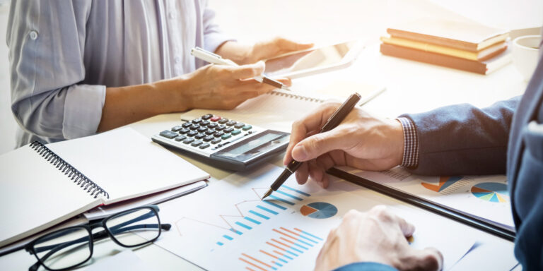 business man financial inspector and secretary making report, ca